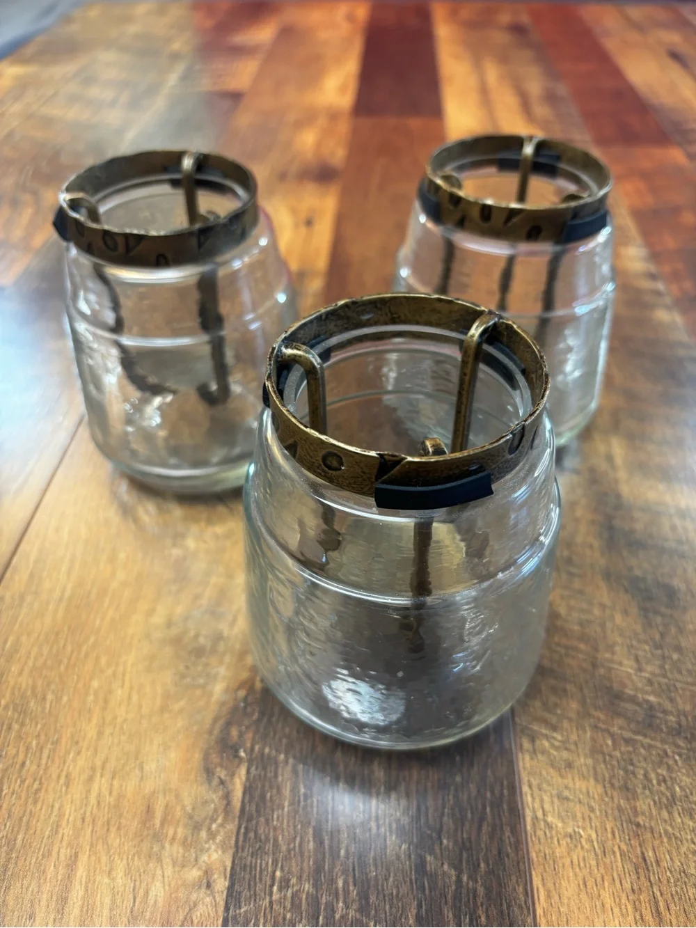 Pier 1 hammered glass candle votives, rustic metal rim, suspended tea light, 3